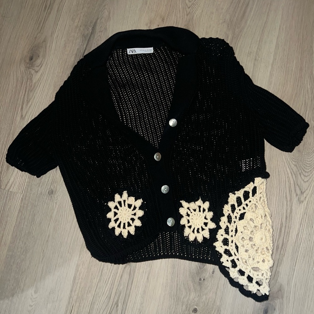 Zara Black & Cream Crochet Knit Top | 100% Cotton Ribbed | Size L–XL